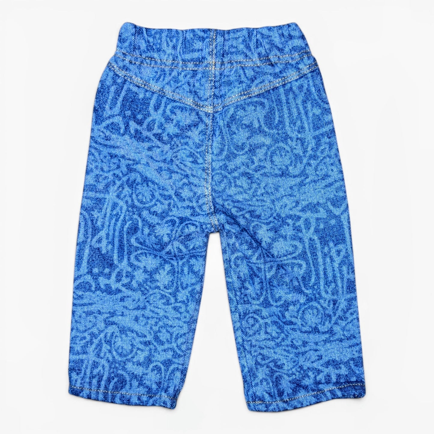Blue patterned pants for toddlers with a graffiti design, shown flat against a white background.