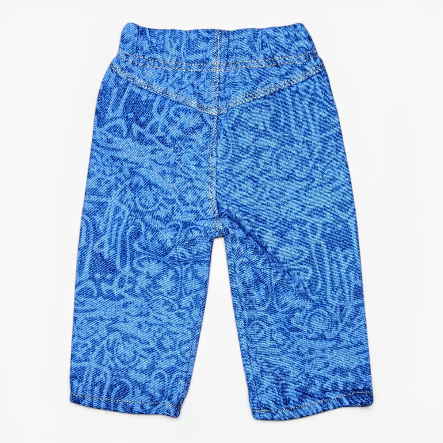 A pair of Leftovers Club Stevie Straight blue patterned denim jeans for kids, featuring an elastic waistband, front pockets,