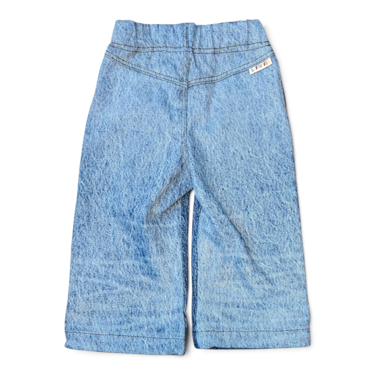 LEFTOVERS CLUB WINNIE WIDE AND WAVY TODDLER JEANS IN CONTRAST MID AND LIGHT BLUE DENIM WITH WAVY SIDE SEAMS, ELASTIC WAIST AND WIDE HEM