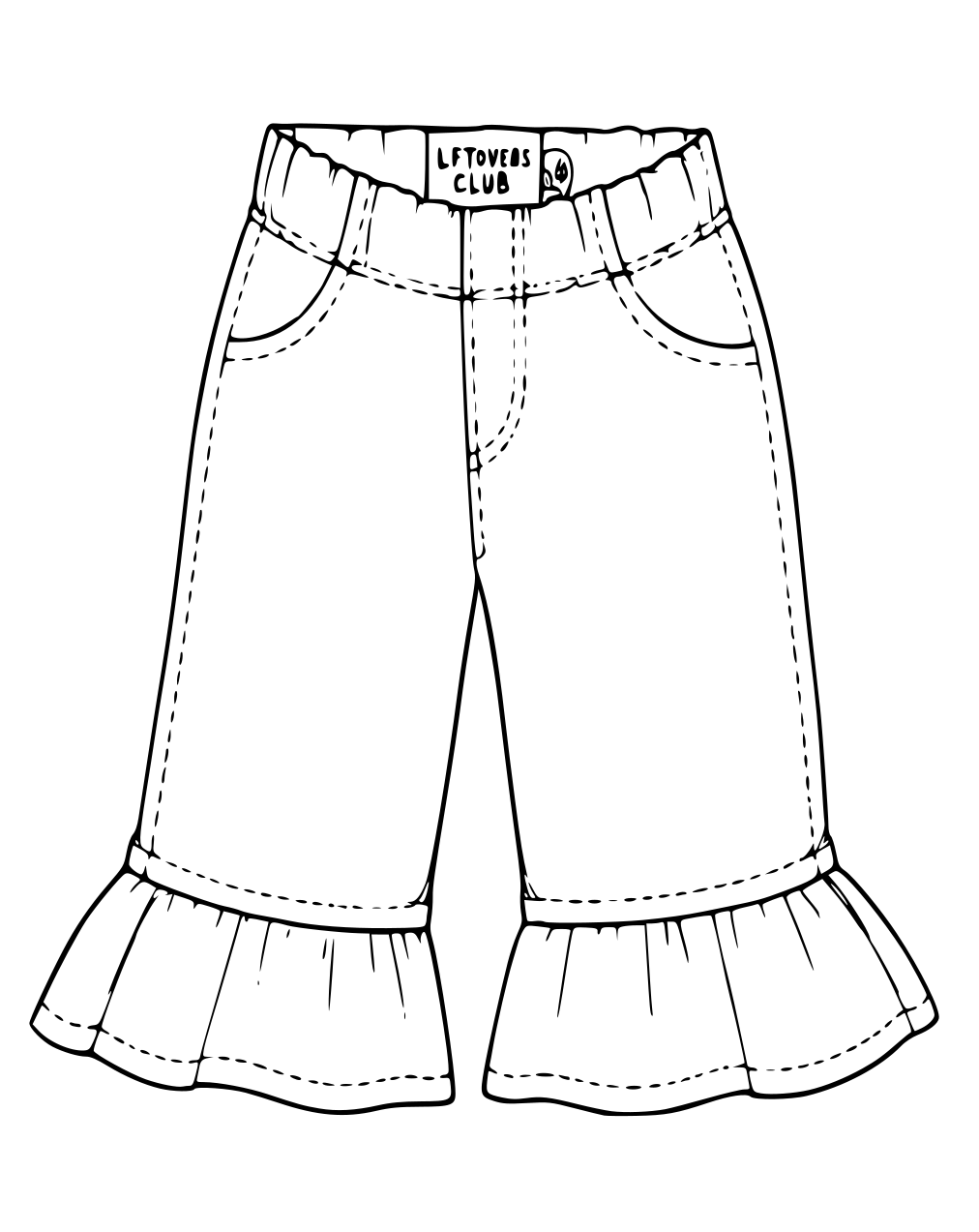 Black and white line art illustration of a pair of Leftovers Club Frankie Flare jeans with a ruffled hem.
