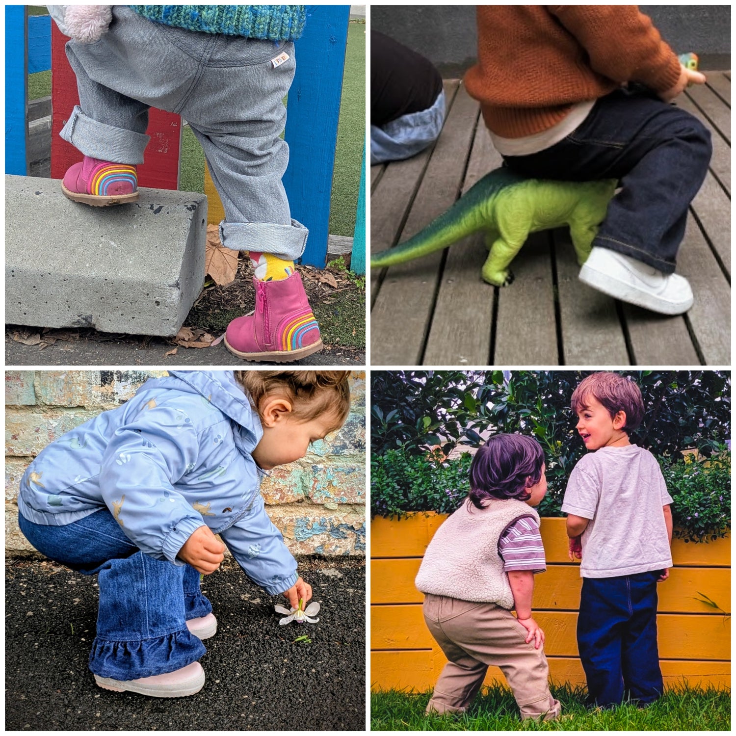 A four-panel collage showing children outdoors, wearing Leftovers Club jeans in different settings and poses that demonstrate a wide range of movement: one child stepping on a concrete block wearing pink rain boots with rainbow details, one child sitting on wooden decking next to a green dinosaur toy, one child crouching near a stone wall, and two children standing in front of a yellow fence.