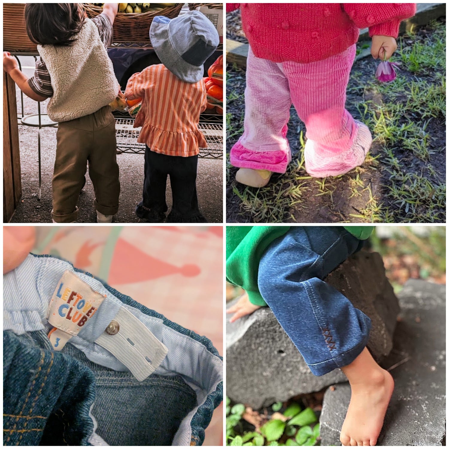 A four-panel collage showing children wearing different pairs of Leftovers Club pants in real outdoor settings.