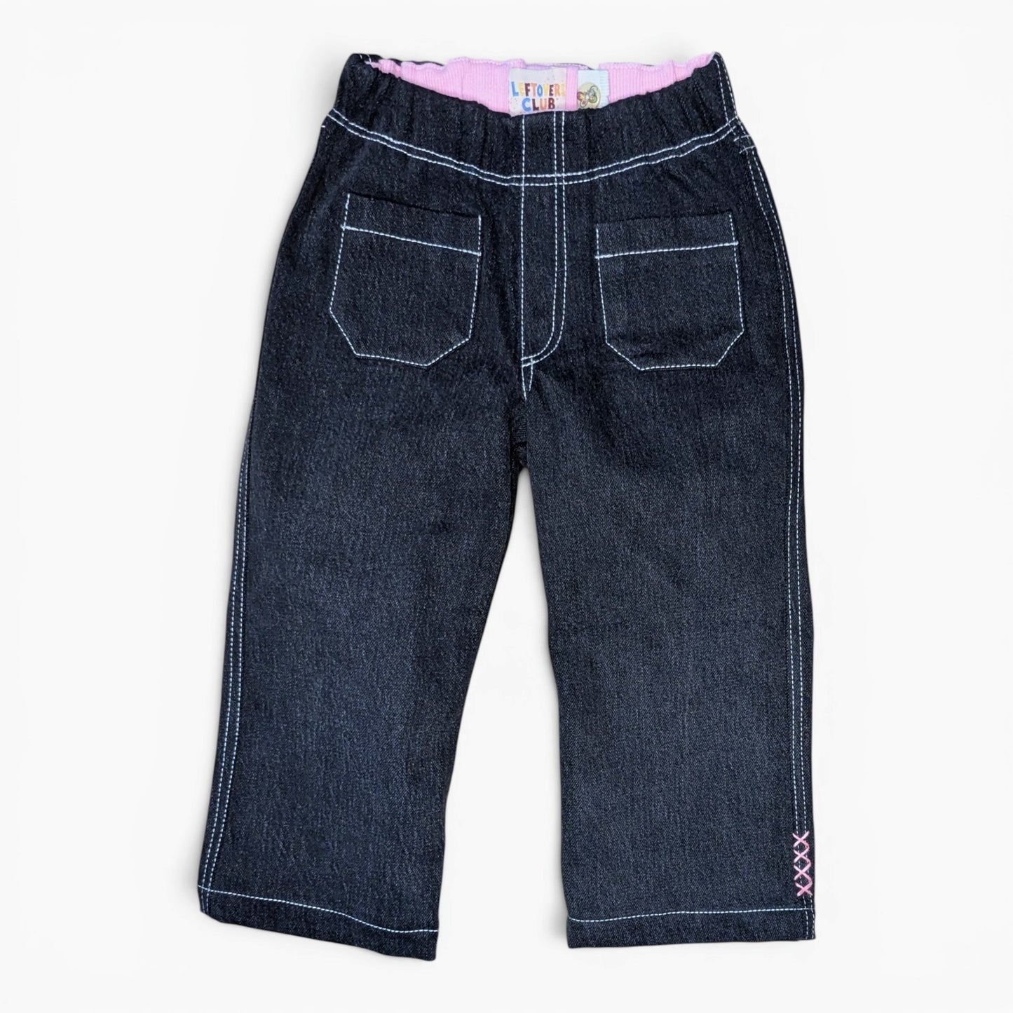 Black pants for toddlers with a front patch pockets on a white background