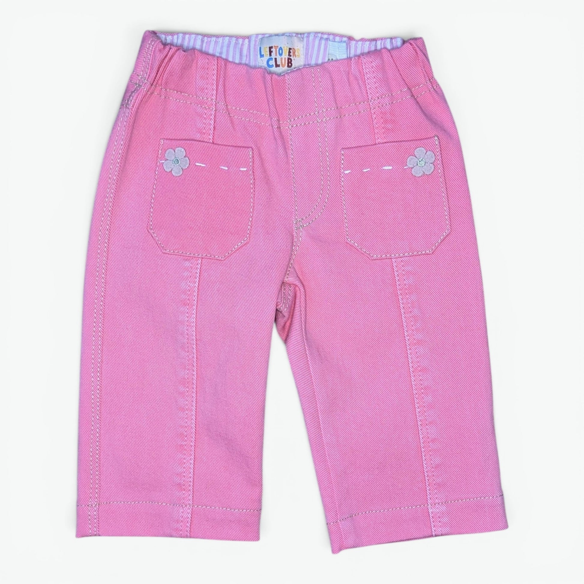 Pink denim capri pants for toddlers, featuring decorative flower appliques on the back pocket pockets and a striped inner waistband.