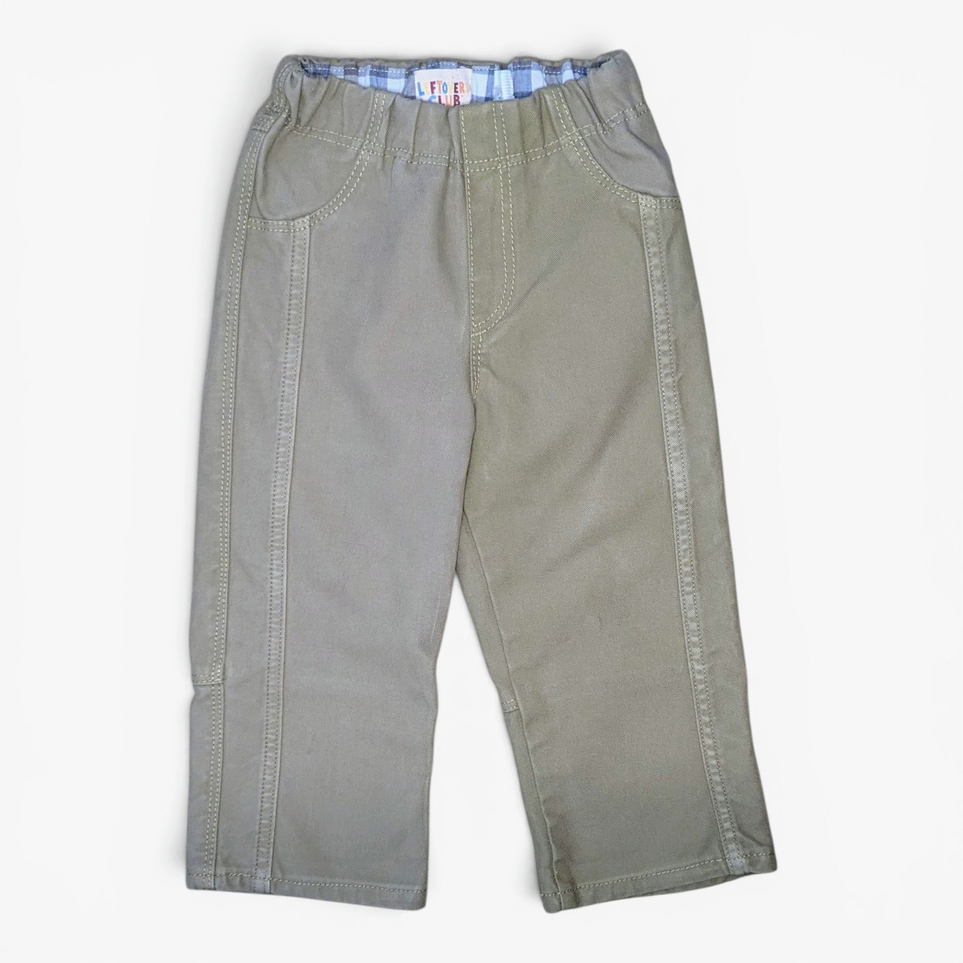 A pair of toddler's wide-leg trousers in a muted grayish-green or sage color, laid flat against a light gray background.