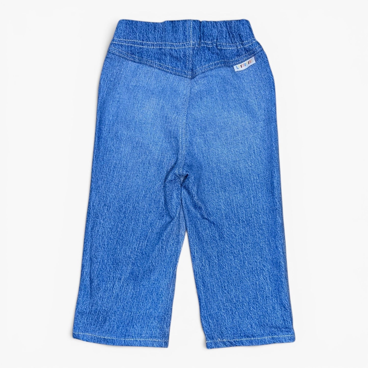 Blue denim pants with an elastic waistband, shown flat against a light off-white background.