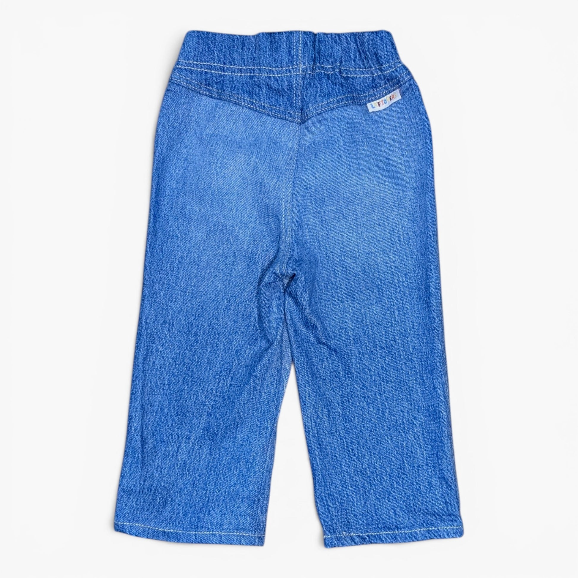 Blue denim pants with an elastic waistband, shown flat against a light off-white background.