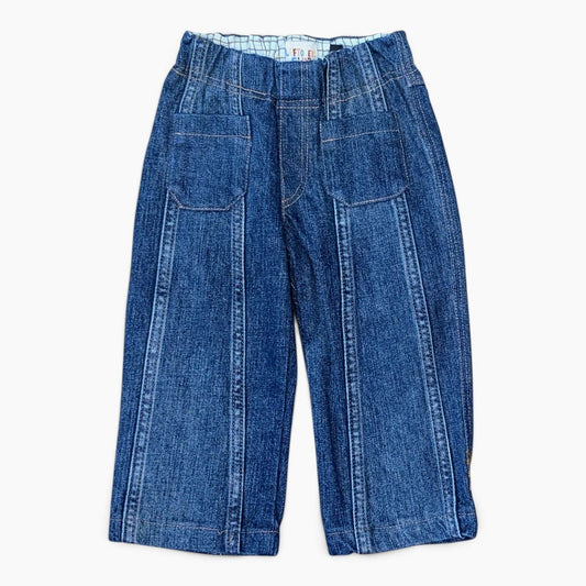 Leftovers club blue denim jeans for toddlers. Sammy Sailor style with patch pockets and elastic waistband. Front view on whit