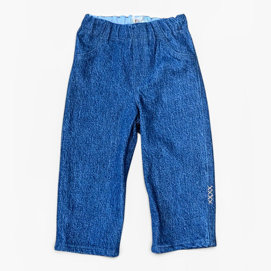 Leftovers club blue denim jeans for toddlers. Stevie straight style featuring an elastic waistband. Front view on white backg