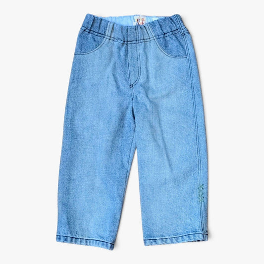 Leftovers club blue denim jeans for toddlers. Stevie straight style featuring an elastic waistband. Front view on white backg