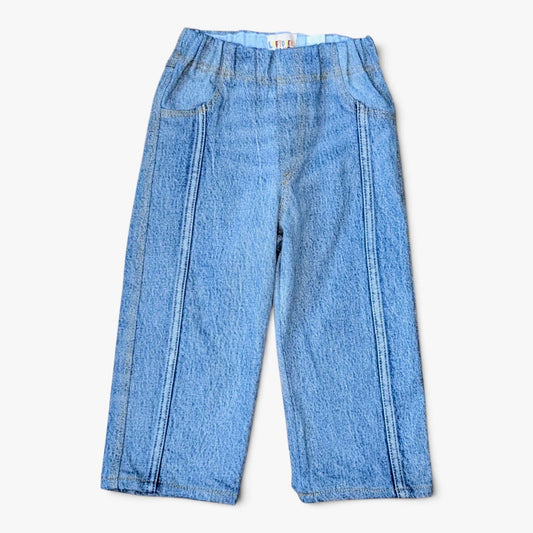Leftovers club blue denim jeans for toddlers. Stevie straight style featuring an elastic waistband. Front view on white backg