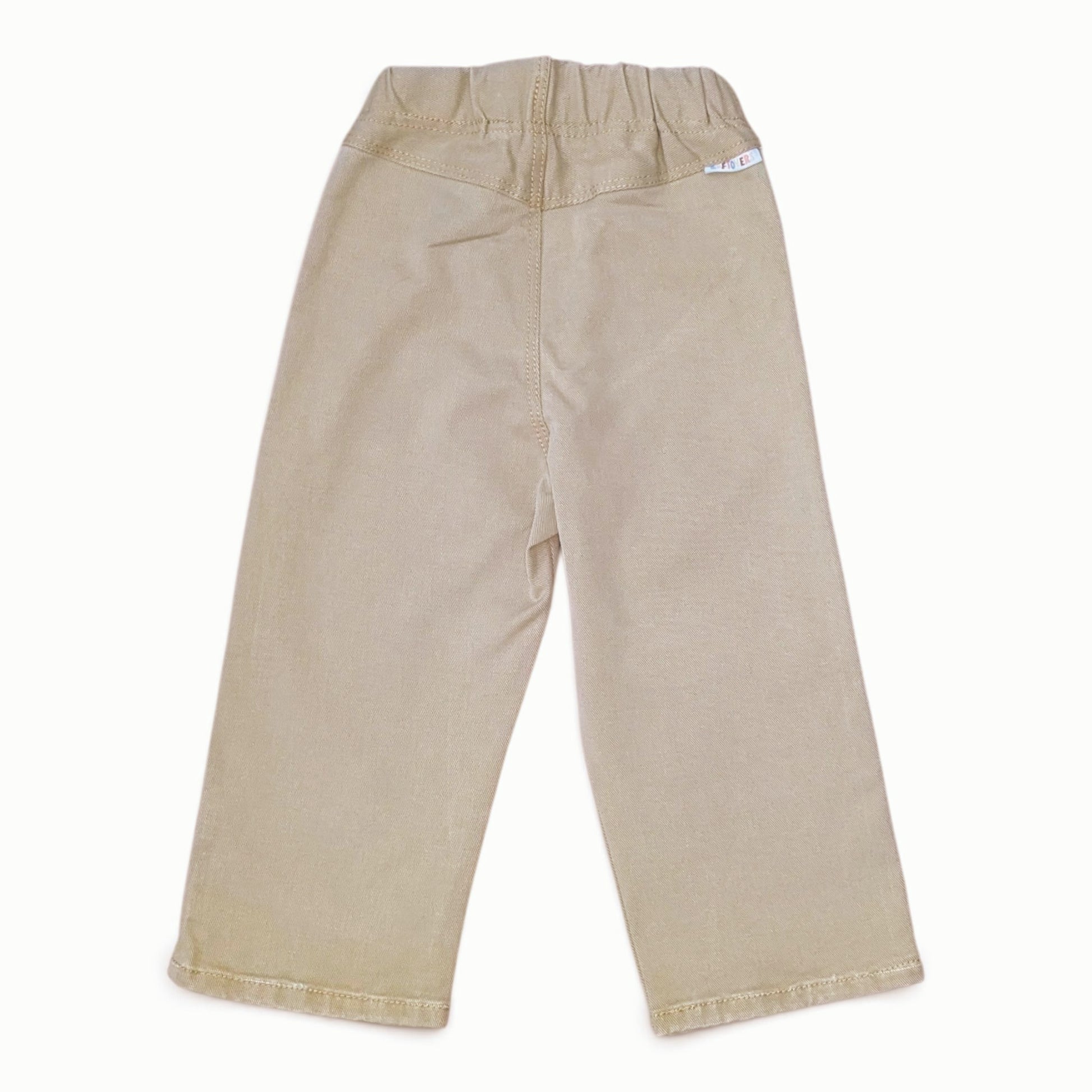 Leftovers club Tan drill jeans for toddlers. Stevie straight style featuring an elastic waistband. Back view on white backgro
