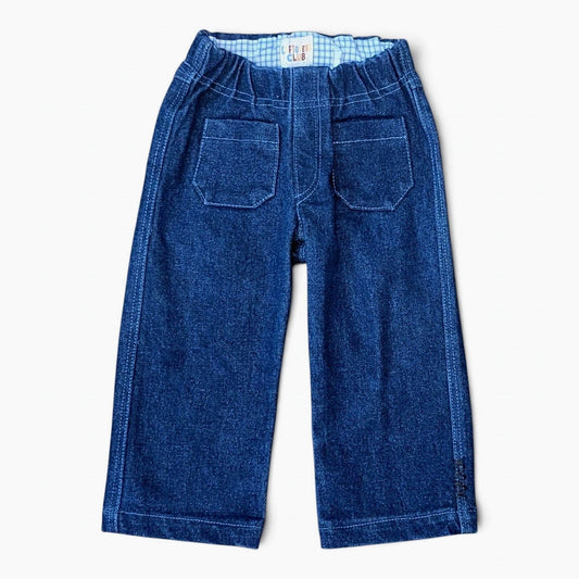 Leftovers club blue denim jeans for toddlers. Sammy Sailor style with patch pockets and elastic waistband. Front view on whit