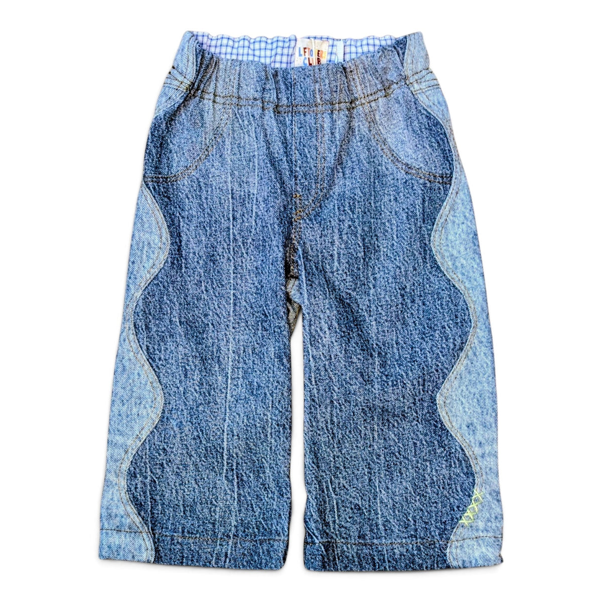 LEFTOVERS CLUB WINNIE WIDE AND WAVY TODDLER JEANS IN CONTRAST MID AND LIGHT BLUE DENIM WITH WAVY SIDE SEAMS, ELASTIC WAIST AND WIDE HEM