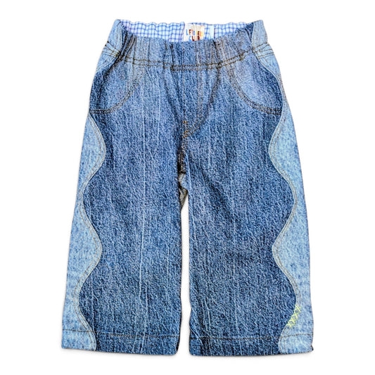 LEFTOVERS CLUB WINNIE WIDE AND WAVY TODDLER JEANS IN CONTRAST MID AND LIGHT BLUE DENIM WITH WAVY SIDE SEAMS, ELASTIC WAIST AND WIDE HEM