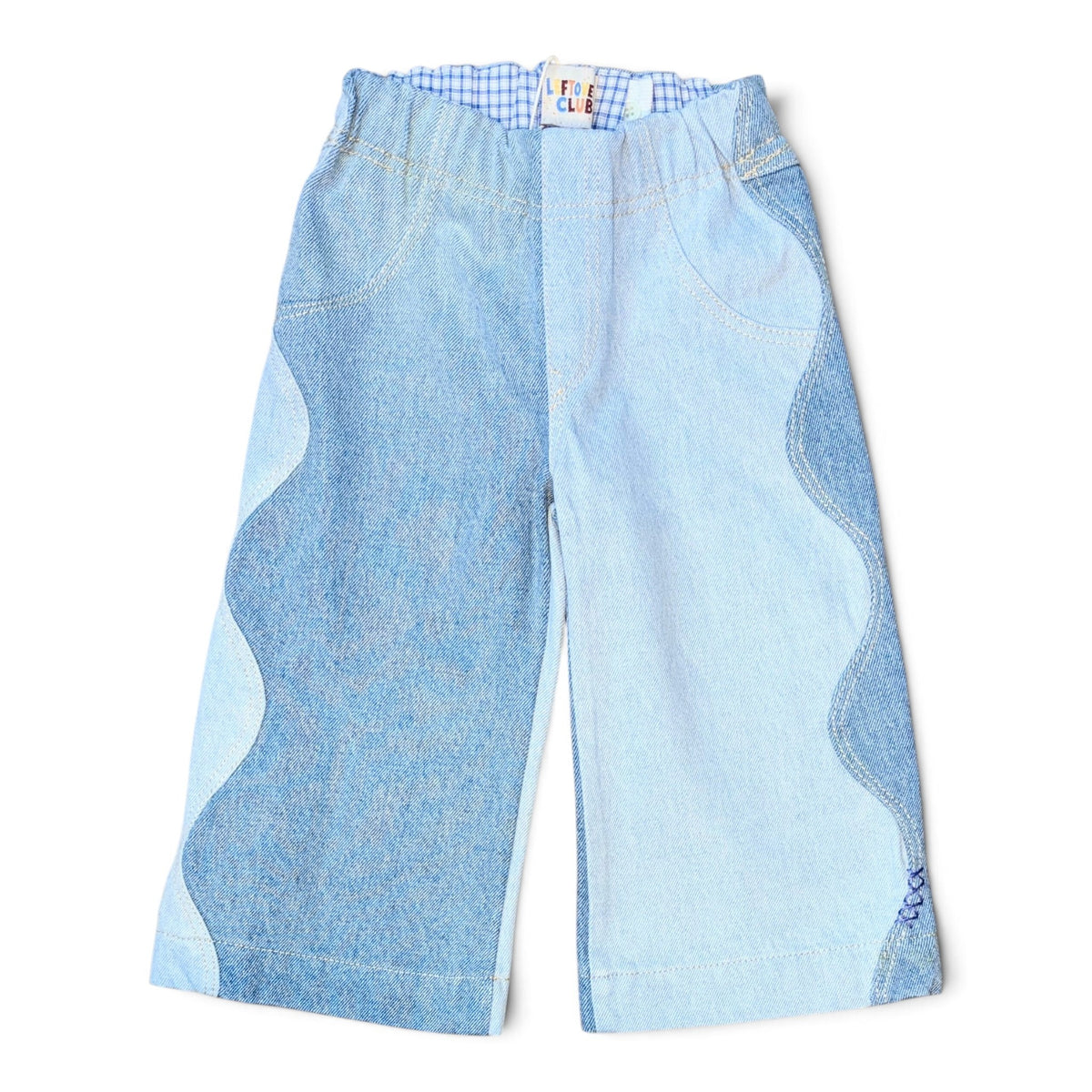 LEFTOVERS CLUB WINNIE WIDE AND WAVY TODDLER JEANS IN CONTRAST MID AND LIGHT BLUE DENIM WITH WAVY SIDE SEAMS, ELASTIC WAIST AND WIDE HEM