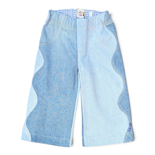 LEFTOVERS CLUB WINNIE WIDE AND WAVY TODDLER JEANS IN CONTRAST MID AND LIGHT BLUE DENIM WITH WAVY SIDE SEAMS, ELASTIC WAIST AND WIDE HEM