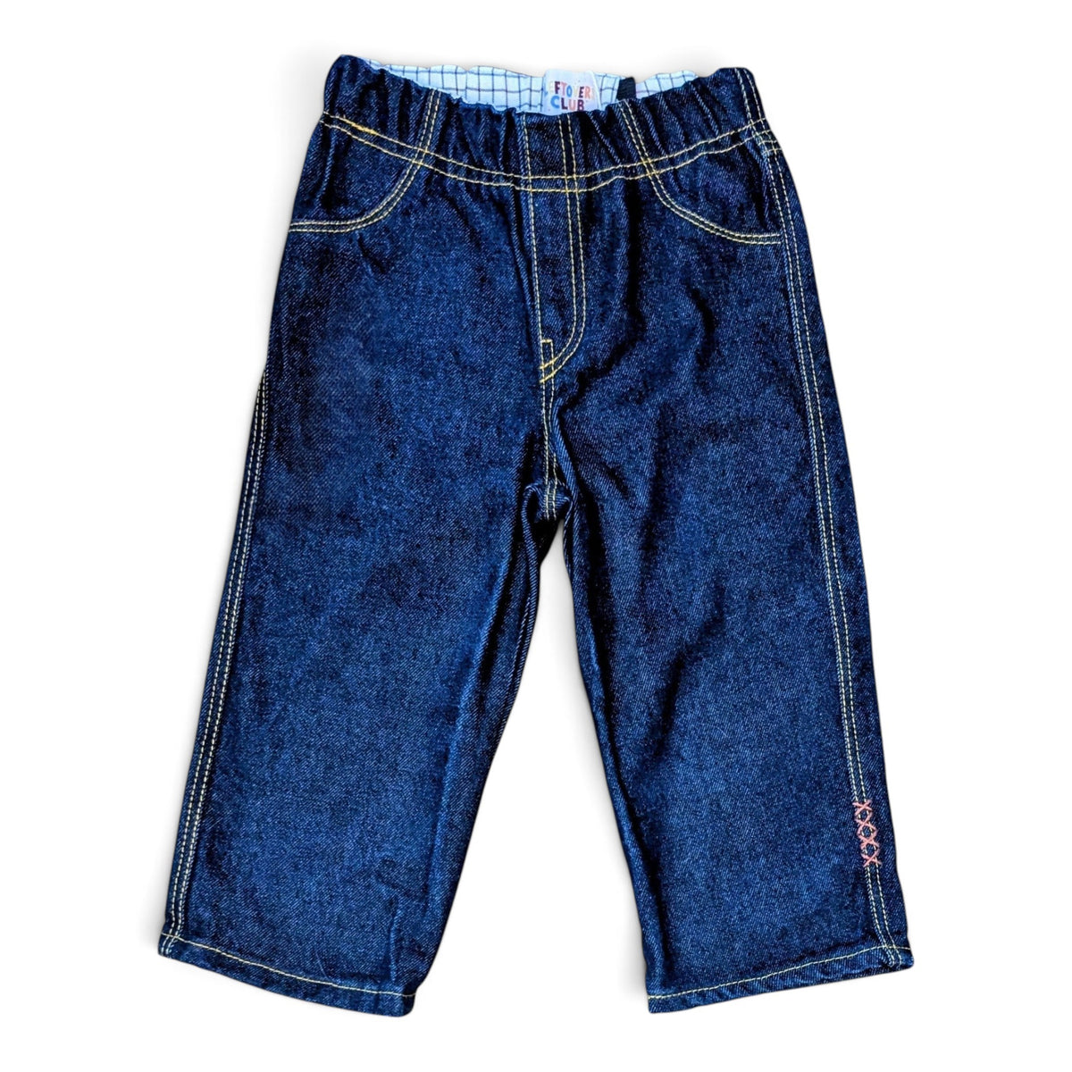 LEFTOVERS CLUB STEVIE STRAIGHT JEANS IN DARK INDIGO RINSE WASH WITH GOLD TOP STITCHING