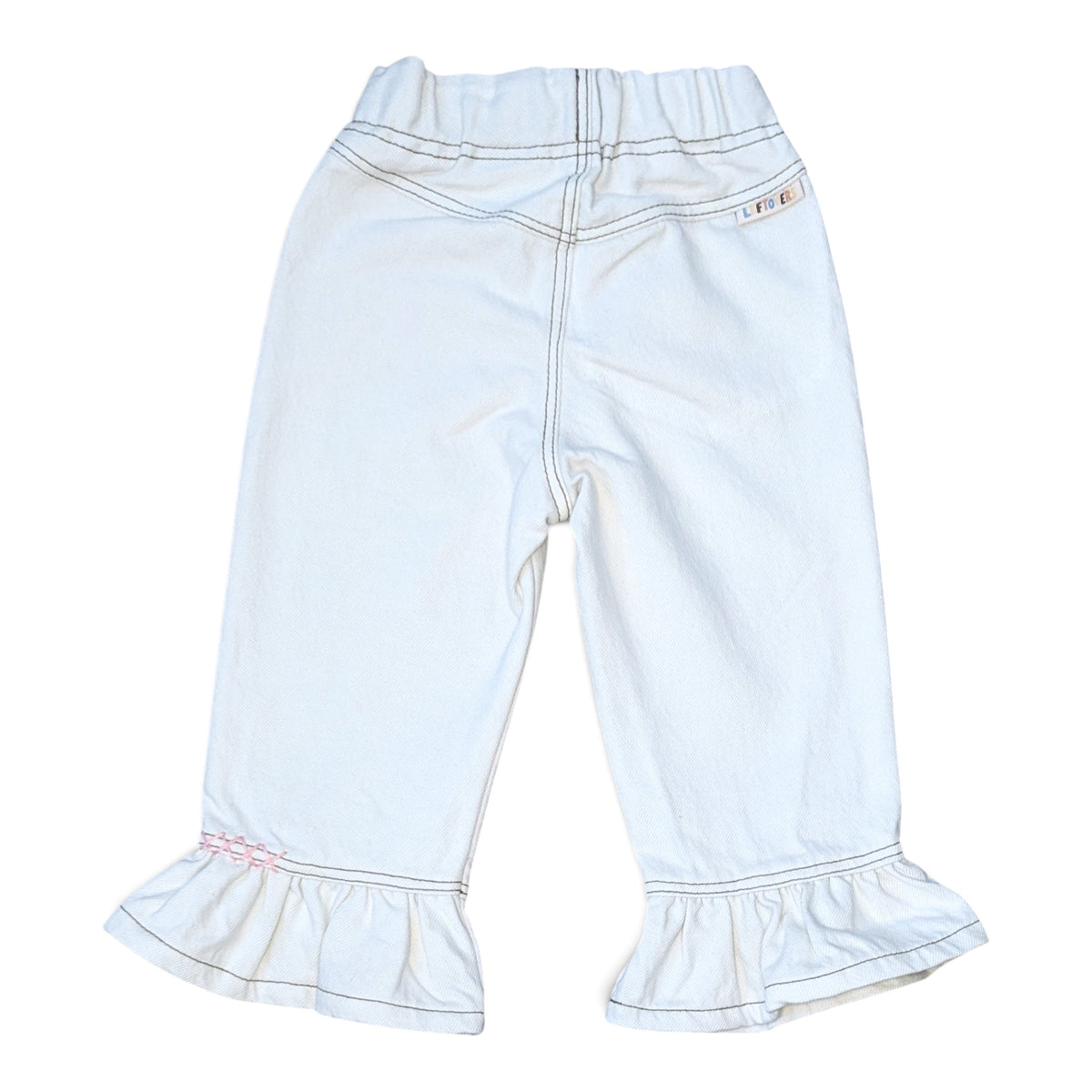 LEFTOVERS CLUB FRANKIE FLARE JEANS IN WHITE DENIM WITH ANTIQUE GOLD TOP STITCHING 