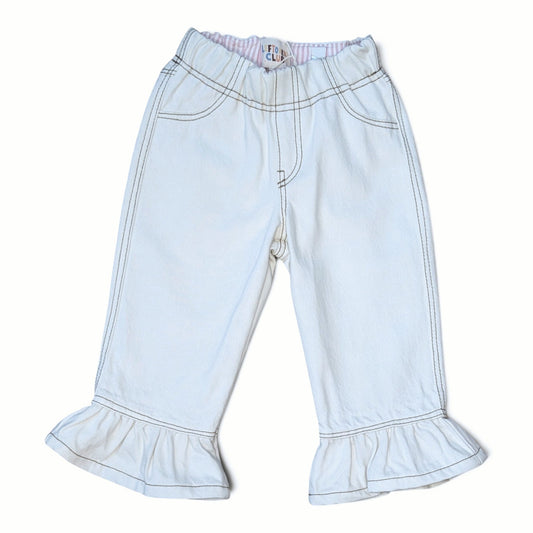 LEFTOVERS CLUB FRANKIE FLARE JEANS IN WHITE DENIM WITH ANTIQUE GOLD TOP STITCHING 