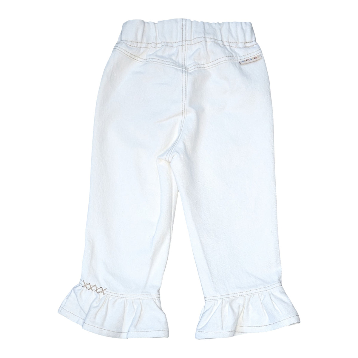 LEFTOVERS CLUB FRANKIE FLARE JEANS IN WHITE DENIM WITH LIGHT TAN TOP STITCHING 