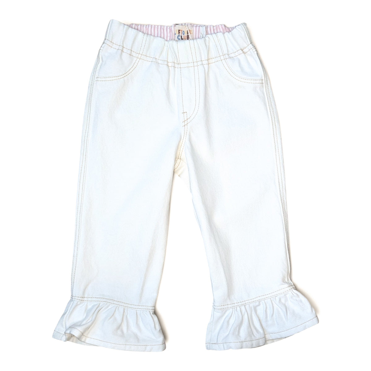 LEFTOVERS CLUB FRANKIE FLARE JEANS IN WHITE DENIM WITH LIGHT TAN TOP STITCHING 