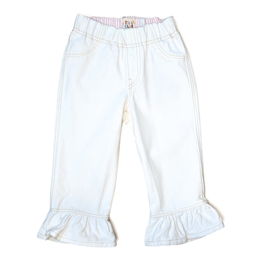 LEFTOVERS CLUB FRANKIE FLARE JEANS IN WHITE DENIM WITH LIGHT TAN TOP STITCHING 