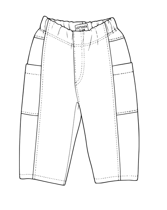 Black and white line art illustration of a pair of Leftovers Club Cargo Pants with an elastic waistband and side pockets.