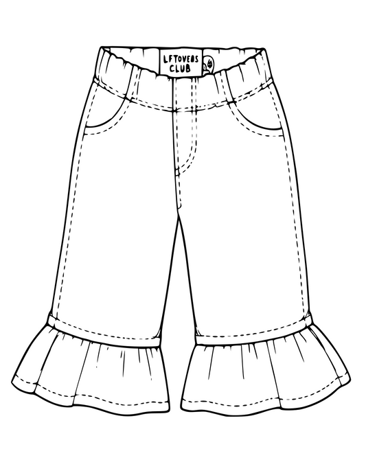 Black and white line art illustration of a pair of Leftovers Club Frankie Flare jeans with a ruffled hem.
