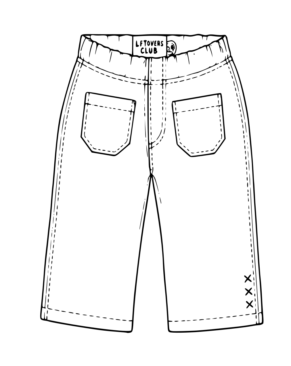 Black and white line art illustration of a pair of Leftovers Club Sammy Sailor jeans.